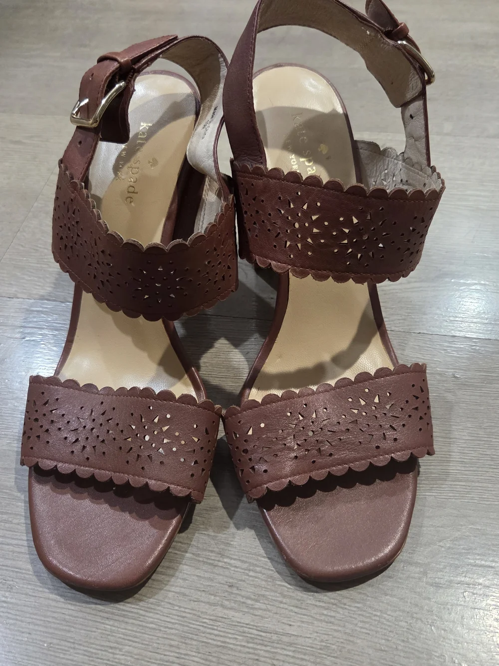kate spade Brown Laser-Cut Scalloped Block Heel Sandal